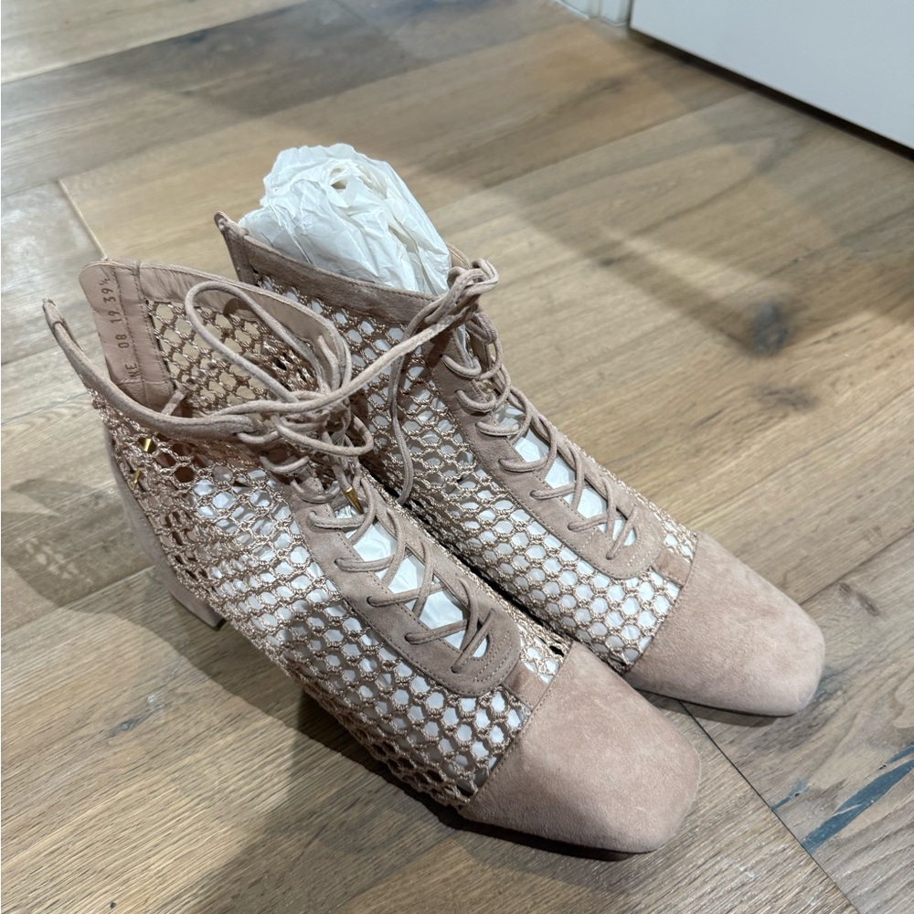 Dior Lace-Up Mesh Block Heel Ankle Boots in Nude Beige